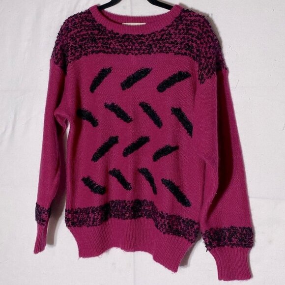 Vintage Franco Valeri Fuchsia Black Textured Knit Crew Neck Sweater M - Picture 13 of 13